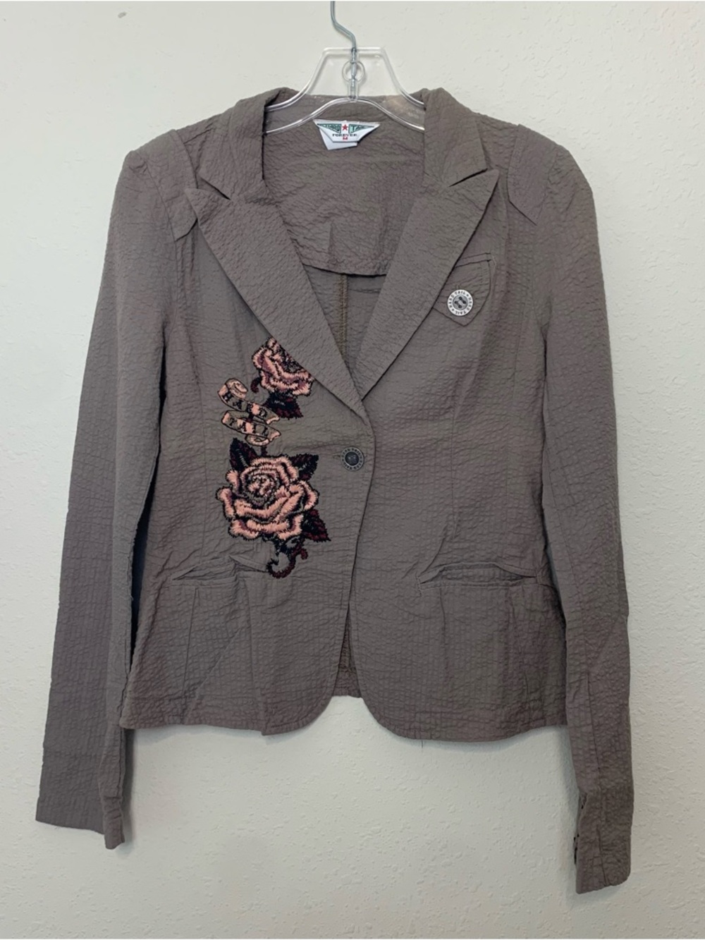 Hard Tail Taupe Blazer with Pink Rose Embroidery